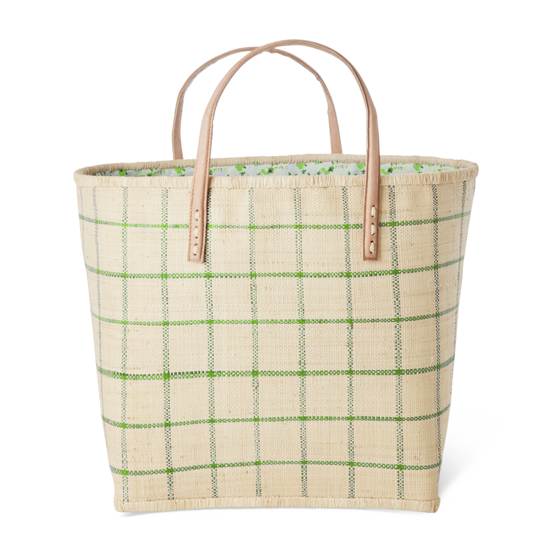 Groß Raffia Tasche - Natürlich - Green Check Design