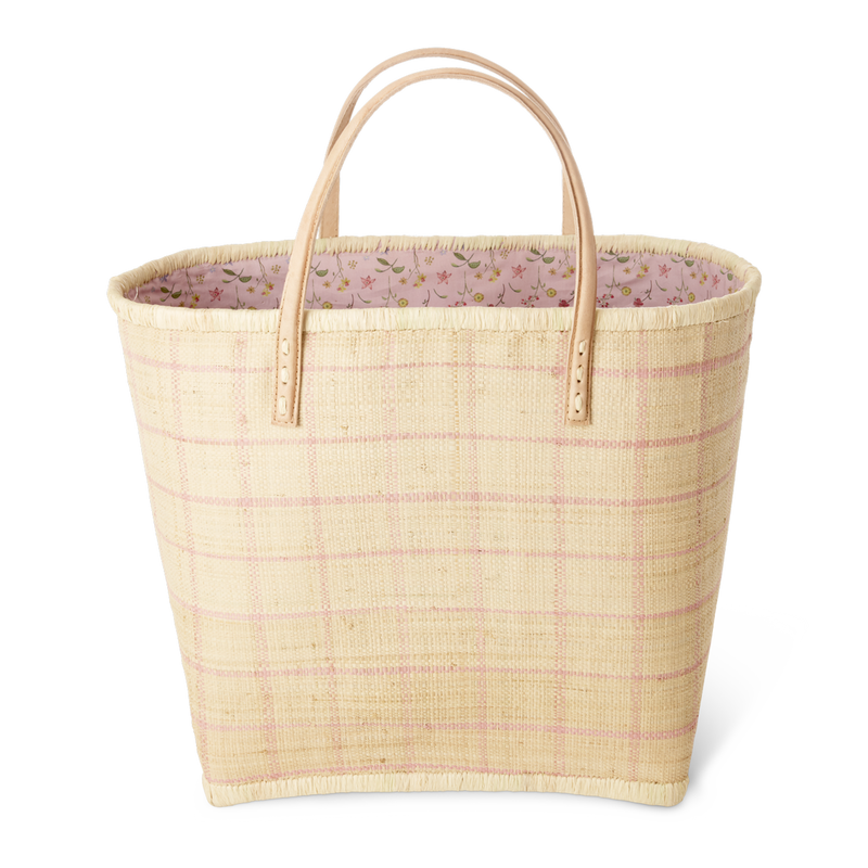 Groß Raffia Tasche - Natürlich - Soft Pink Check Design