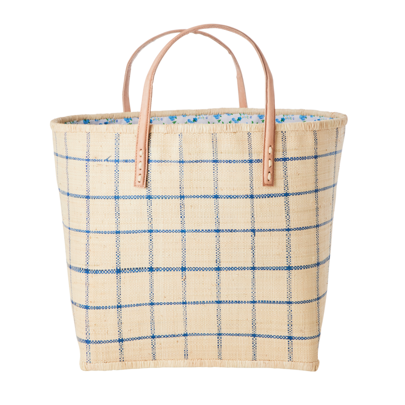 Groß Raffia Tasche - Natürlich - Blue Checkers Design