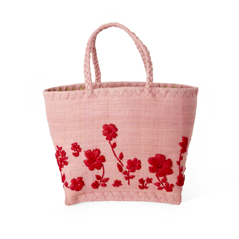 Kleine Raffia Tasche - Pink - Red Flowers Design