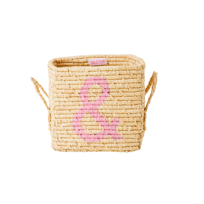 Small Raffia Storage Basket - Natural - Pink &