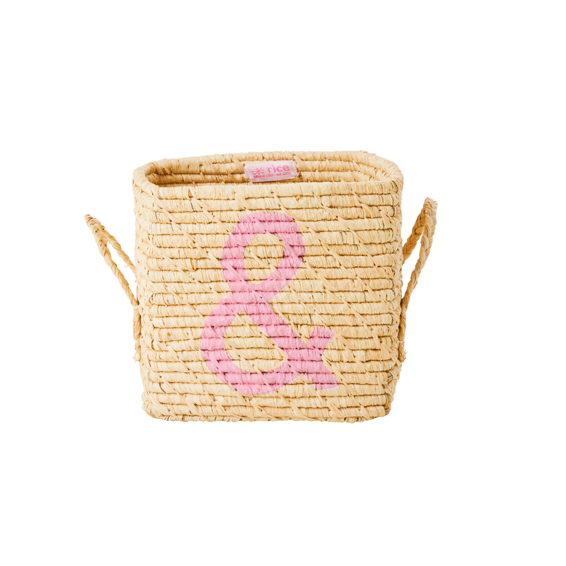 Small Raffia Storage Basket - Natural - Pink &