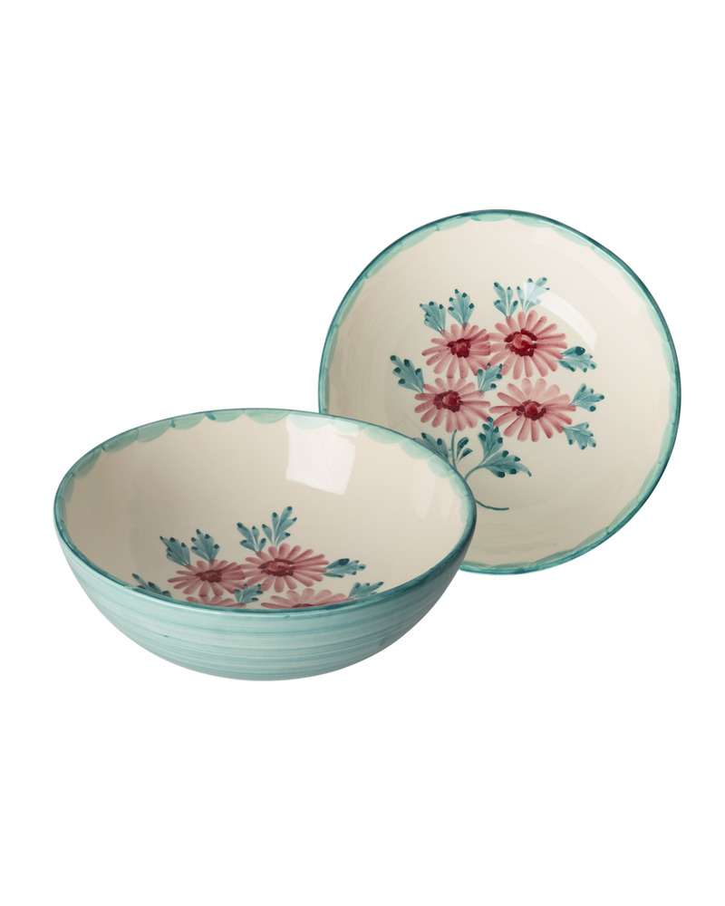 Large Ceramic Bowl - Green - Hand-painted Flowers
