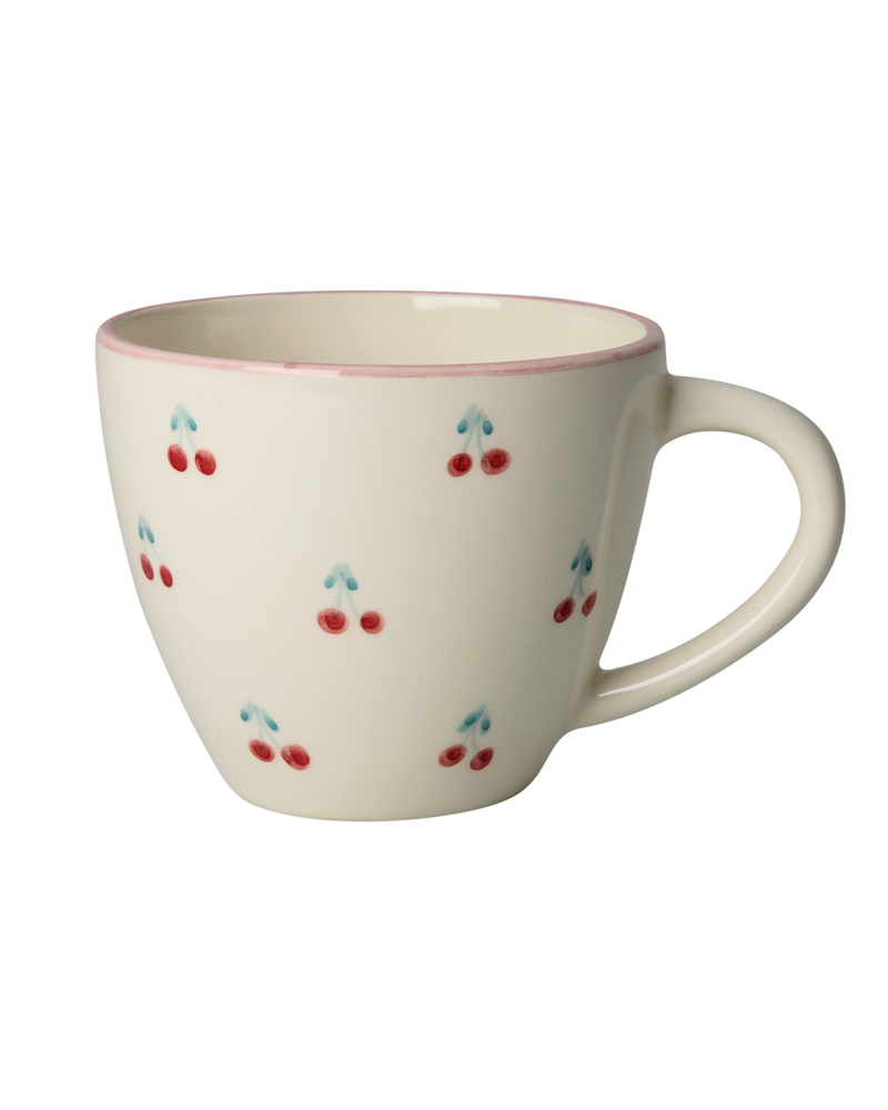 Large Ceramic Cup - Off White - Hand-painted Cherries