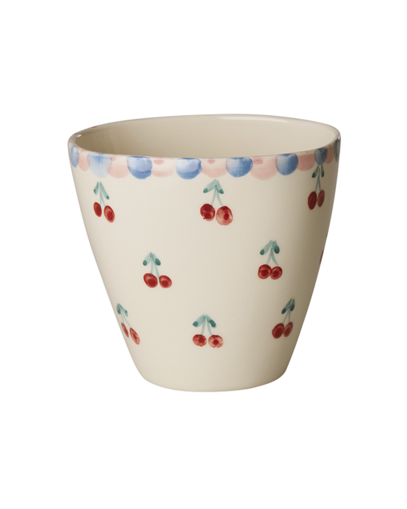 Oval Ceramic Cup - Off White - Hand-painted Cherries