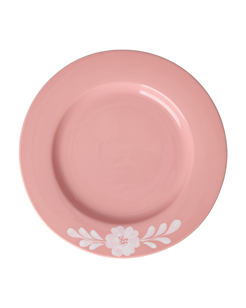 Ceramic Dinner Plate - Pink - Hand-painted White Flower Vine