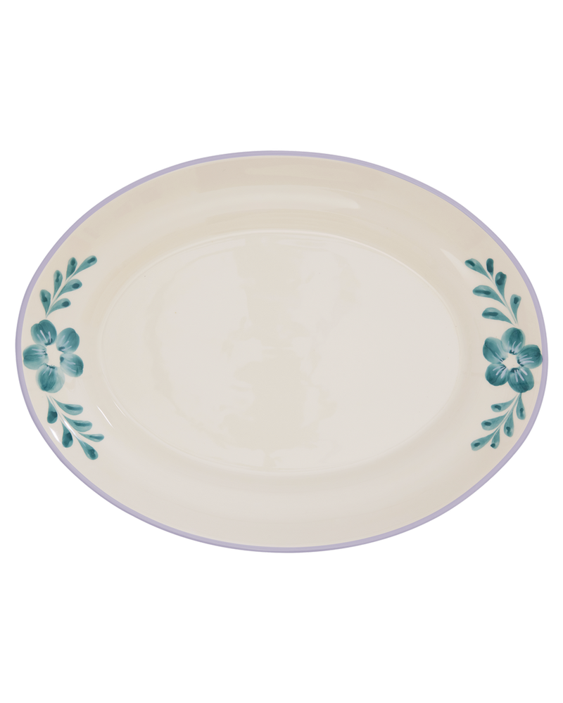 Large Ceramic Serving Dish - Off White - Hand-painted Green Flower Vine