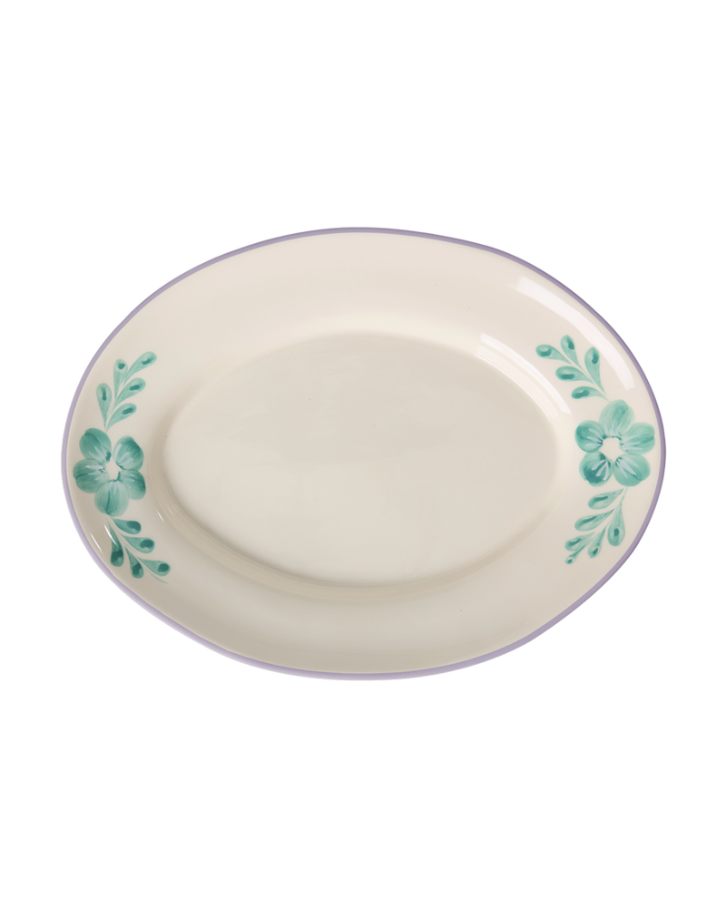 Medium Ceramic Serving Dish - Off White - Hand-painted Green Flower Vine