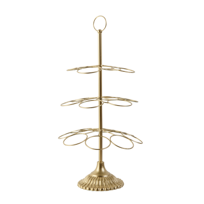 Gold metal stand with three rings, perfect for organizing jewelry or accessories.