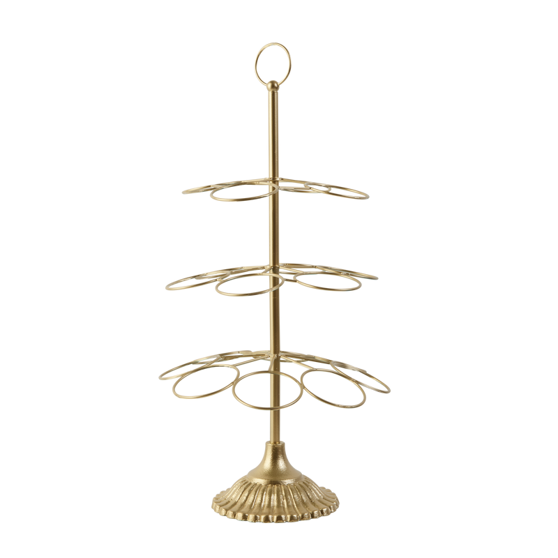 Gold metal stand with three rings, perfect for organizing jewelry or accessories.