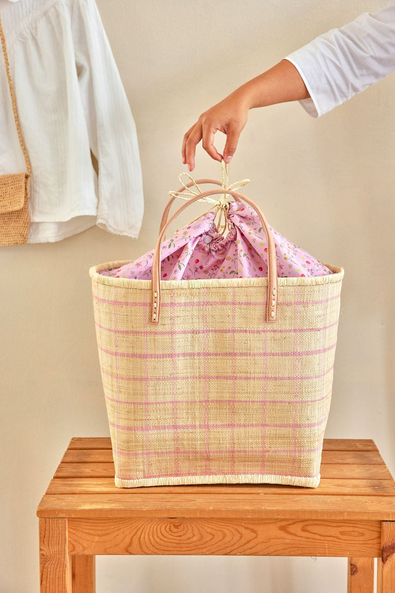 Groß Raffia Tasche - Natürlich - Soft Pink Check Design