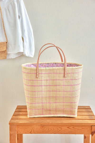 Groß Raffia Tasche - Natürlich - Soft Pink Check Design