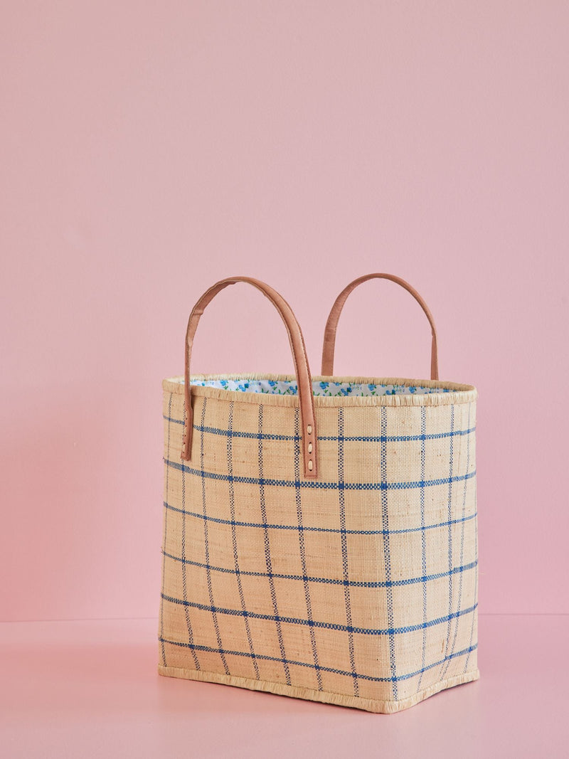 Groß Raffia Tasche - Natürlich - Blue Checkers Design