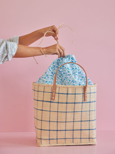 Groß Raffia Tasche - Natürlich - Blue Checkers Design