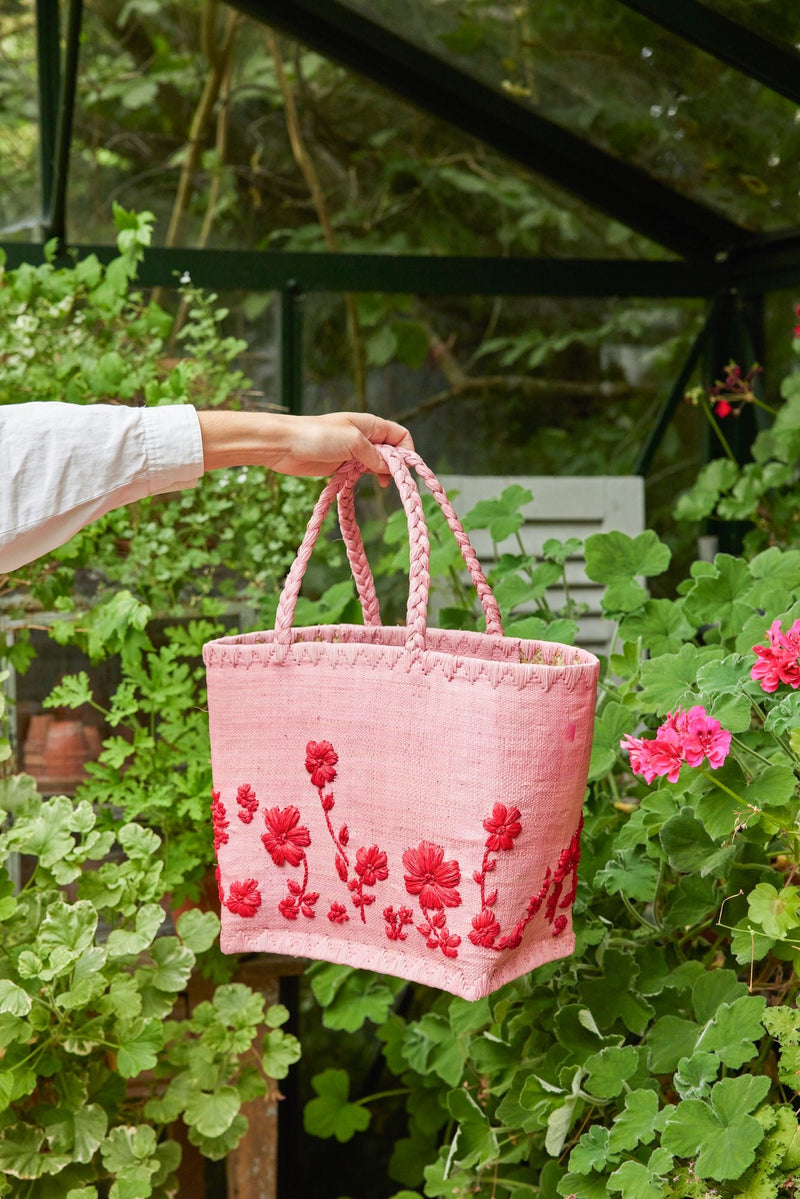 Kleine Raffia Tasche - Pink - Red Flowers Design