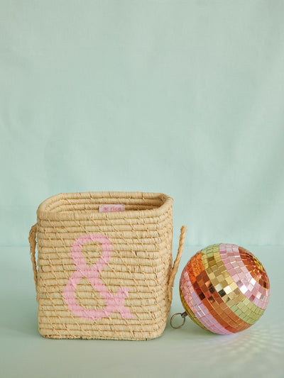 Small Raffia Storage Basket - Natural - Pink &