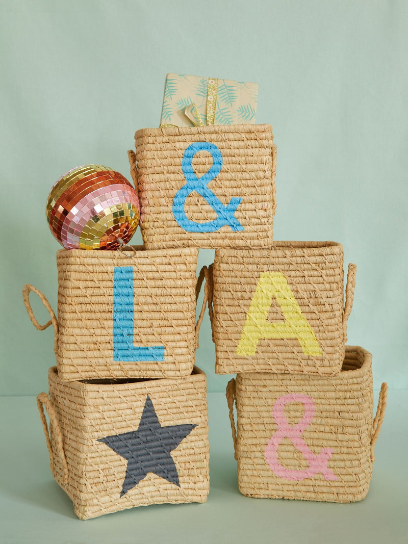 Small Raffia Storage Basket - Natural - Pink &