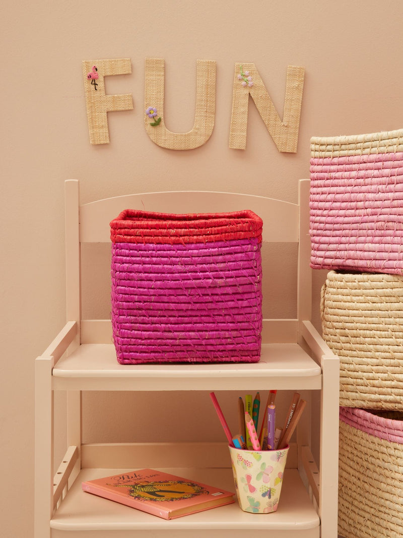 Small Square Raffia Storage Basket - Fuchsia