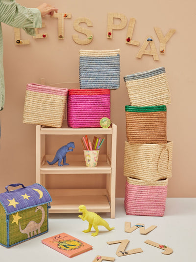 Small Square Raffia Storage Basket - Fuchsia