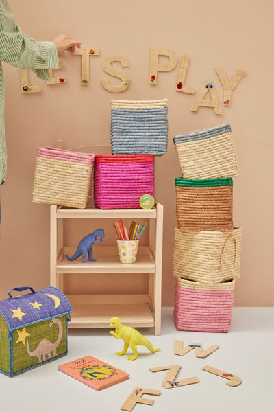 Small Square Raffia Storage Basket - Fuchsia