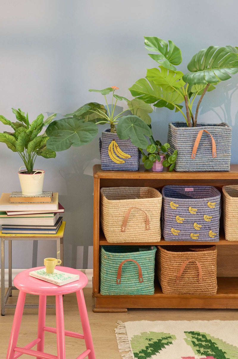 Square Raffia Basket - Blue