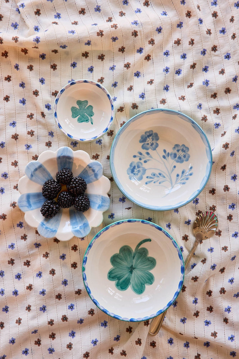 Ceramic Bowl - Green - Hand-painted Blue Flowers
