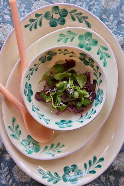 Large Ceramic Bowl - Green - Hand-painted Green Flower Vine