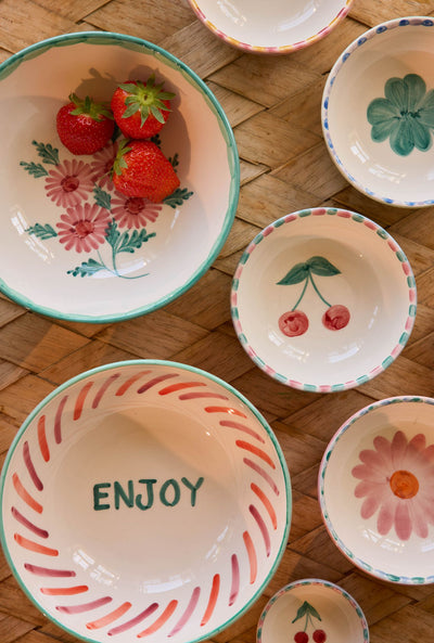 Large Ceramic Bowl - Green - Hand-painted Flowers