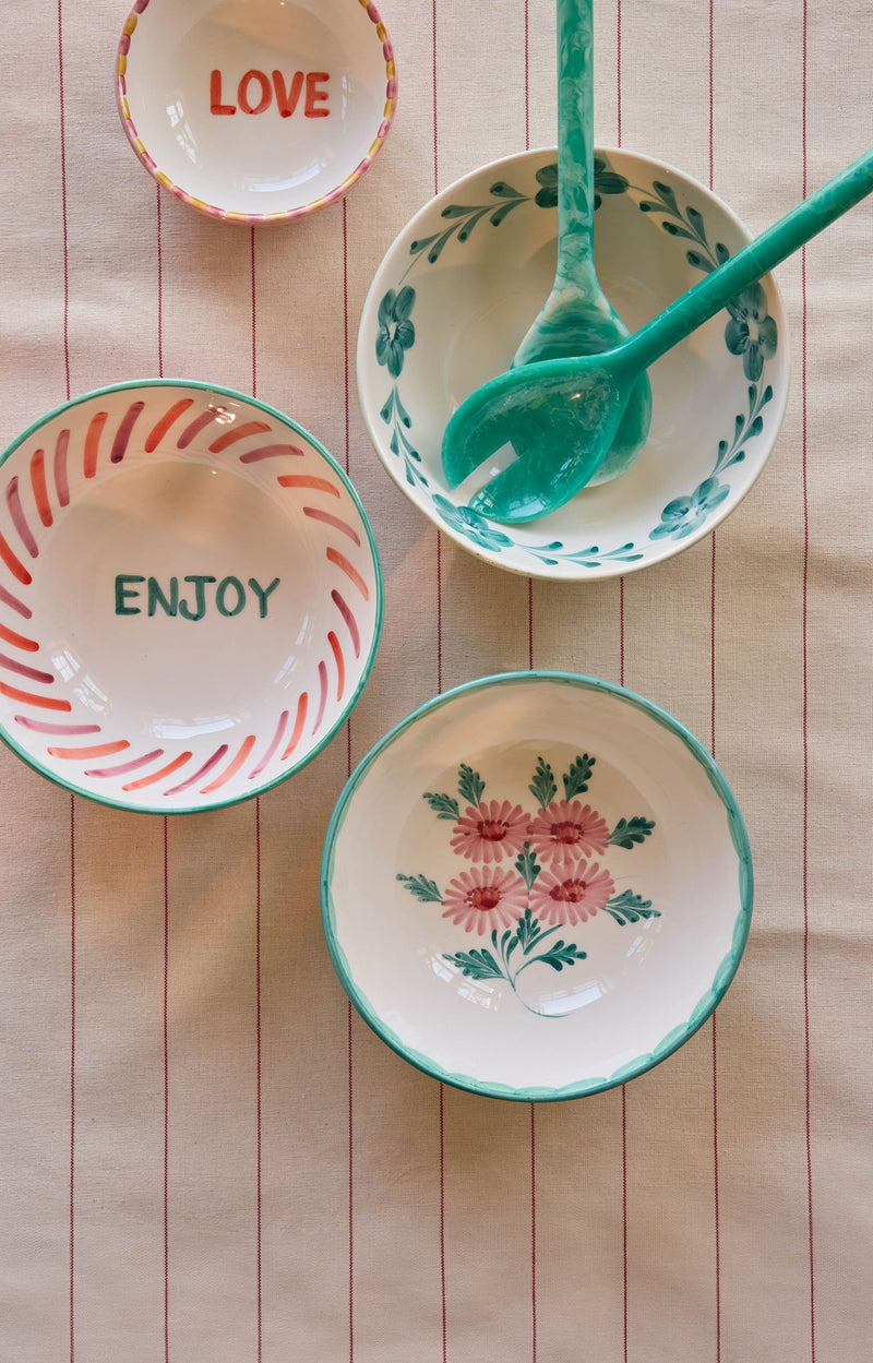 Large Ceramic Bowl - Green - Hand-painted Flowers