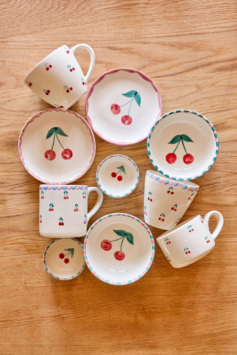Large Ceramic Cup - Off White - Hand-painted Cherries