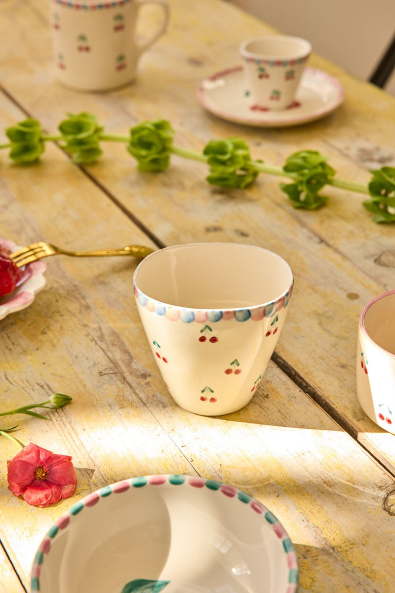 Oval Ceramic Cup - Off White - Hand-painted Cherries