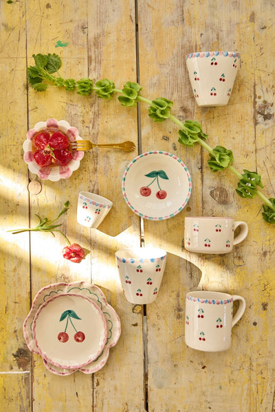Oval Ceramic Cup - Off White - Hand-painted Cherries