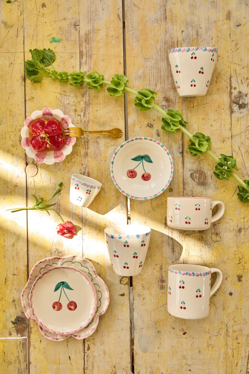 Oval Ceramic Cup - Off White - Hand-painted Cherries
