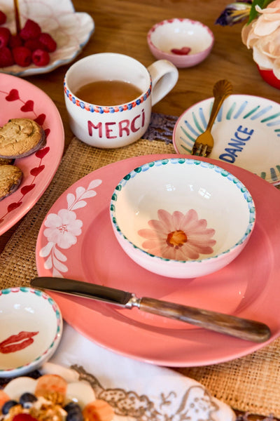 Ceramic Dinner Plate - Pink - Hand-painted White Flower Vine