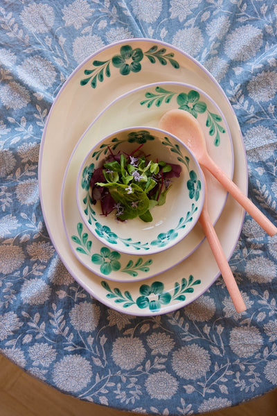 Large Ceramic Serving Dish - Off White - Hand-painted Green Flower Vine