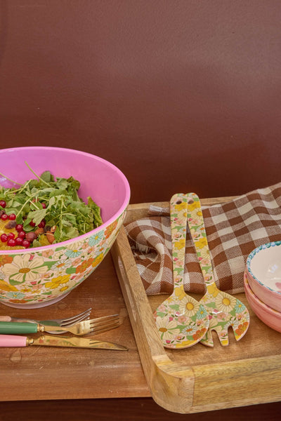 Melamin Salat Besteck - Dunkles Pink - Flower Power Print - 2er Set