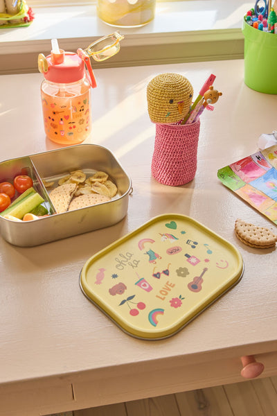 Large Stainless Steel Lunch box - Soft Yellow - Unicorn Love Print