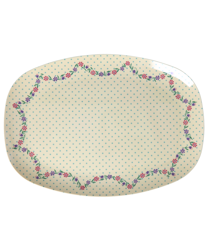 Large Rectangular Dinner Plate - Cream - Dots and Flowers Print