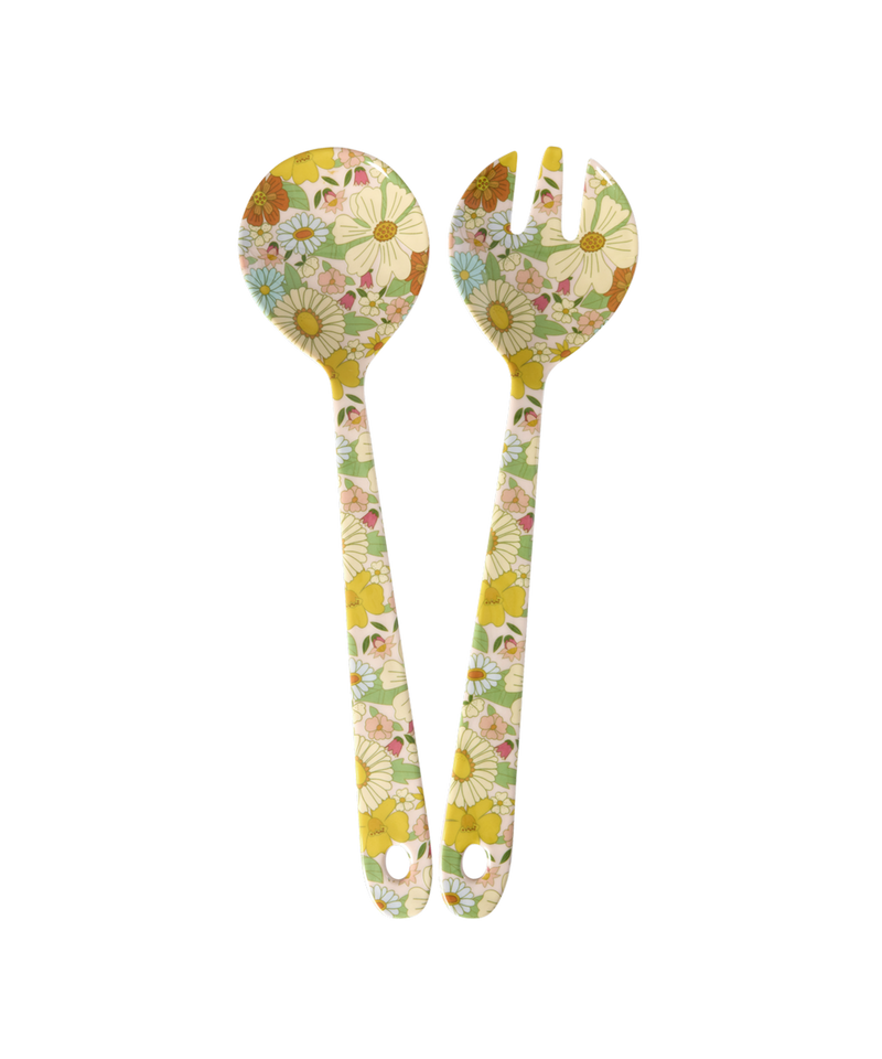 Melamin Salat Besteck - Dunkles Pink - Flower Power Print - 2er Set