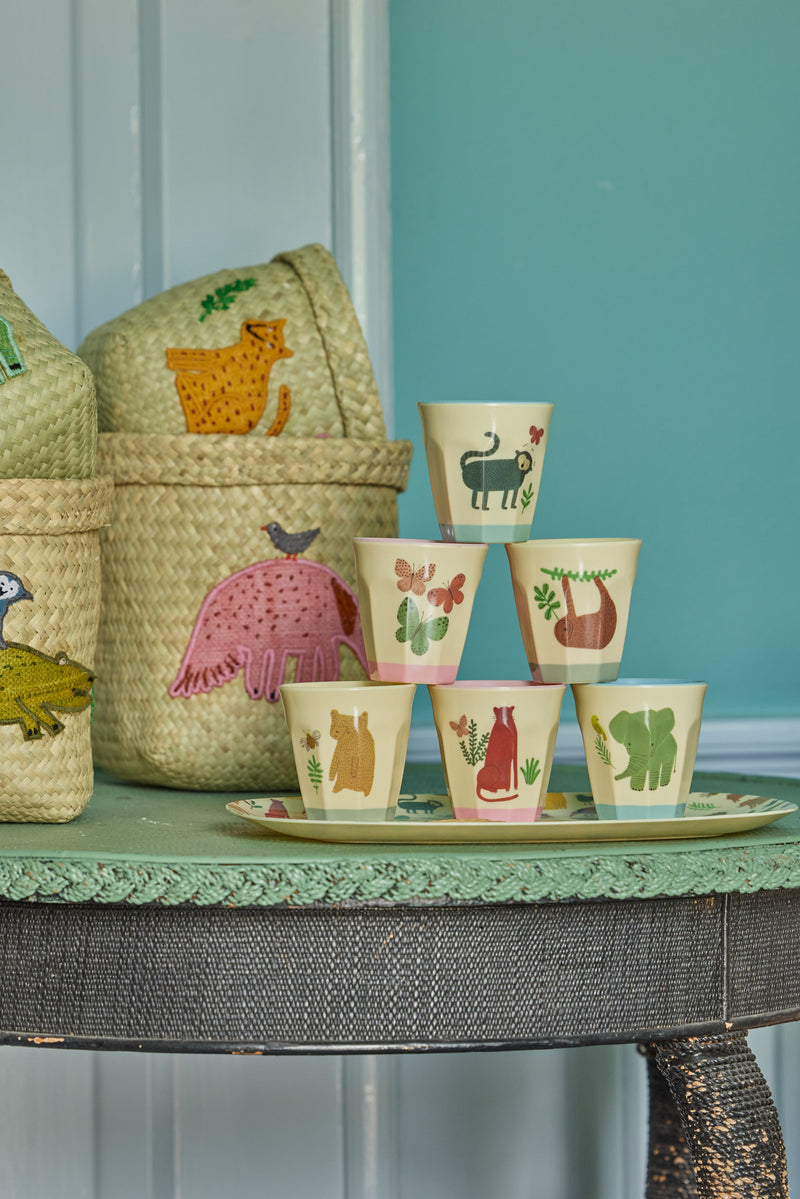 Small Round Raffia Storage Basket - Natural - Animal Embroidery - Set of 2 Environment