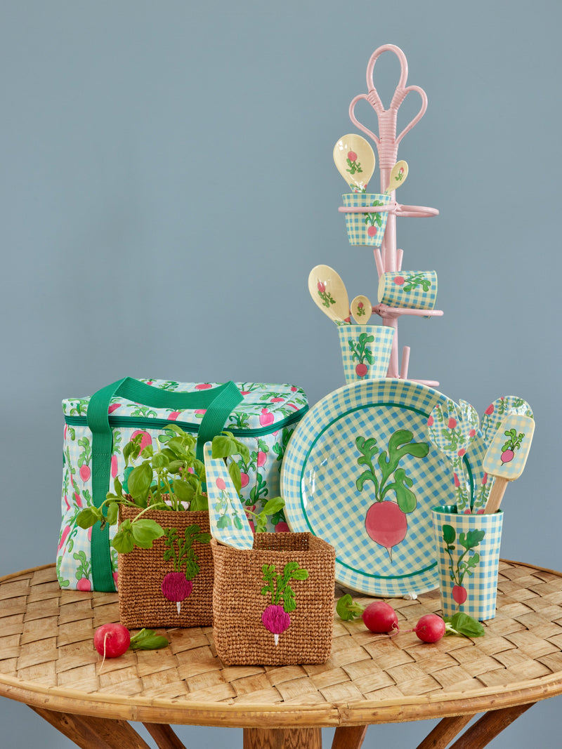 Small Square Raffia Storage Basket - Tea - Radish Embroidery - Set of 2 Environment