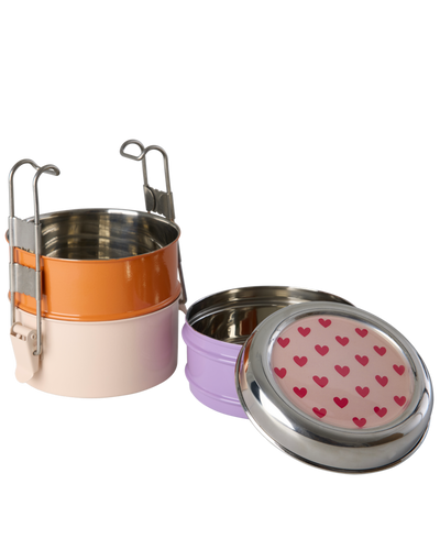 Round Stainless Steel Lunch box - Multicolor - Heart Print