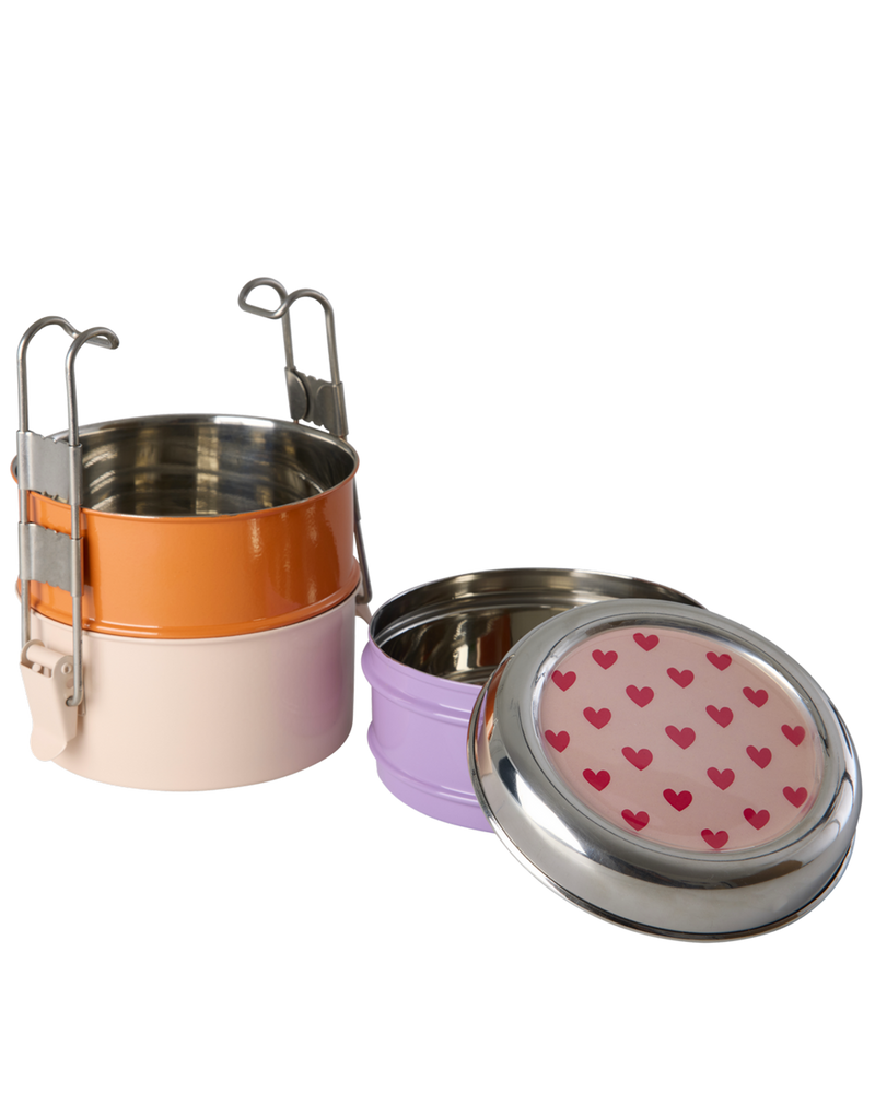 Round Stainless Steel Lunch box - Multicolor - Heart Print