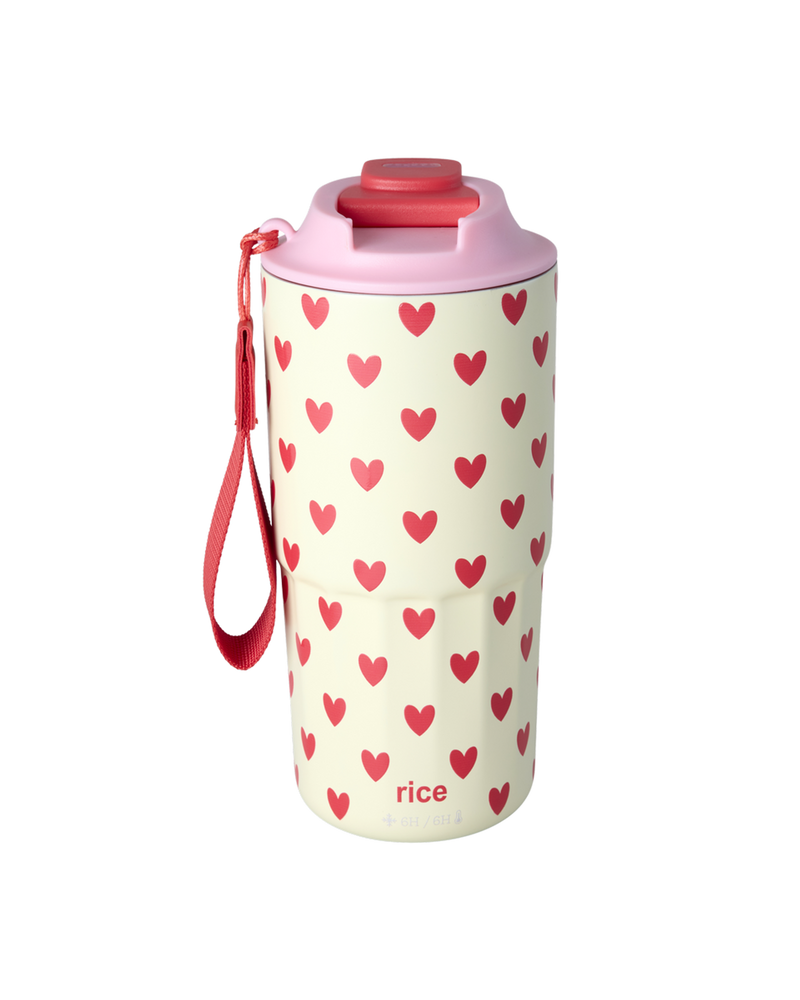 Large Stainless Steel Thermo Cup - Cream - Hearts Print